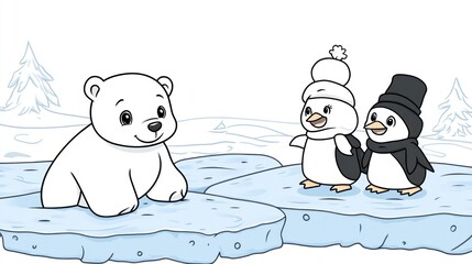 Polar bear and penguins on ice floes. Possible kids book illustration
