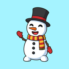 Cute Snowman Waving Hello in Winter Wonderland.
