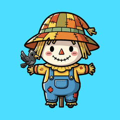 Cute Scarecrow with Bird Cartoon Illustration.