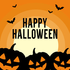 Happy Halloween greeting card with pumpkins, bats, and orange background — spooky festive design illustration