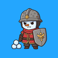 Cute Snowman Warrior with Shield and Snowballs Ready for Battle.
