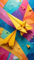Yellow paper airplanes on an abstract, colorful, geometric background