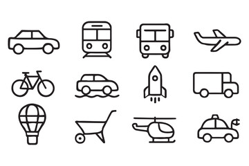 Transportation Icons Set Cars, Trains, Planes, and More
