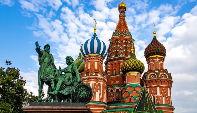 Iconic ornate cathedral facade with vibrant domes and sculptures against a blue sky