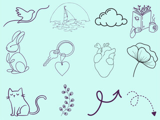 A seamless pattern vector illustration set of funny cartoon cats and hart ,love flower for design.