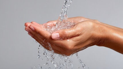 Fototapeta premium Person is washing their hands with water. The water is flowing out of their hands and splashing onto their face. Concept of cleanliness and freshness
