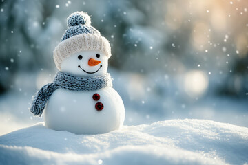 Happy Snowman with Knitted Hat Scarf and Buttons in Snowy Winter Landscape