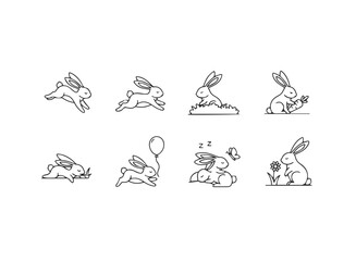 Cute Line Art Bunny Rabbit Icons Collection.