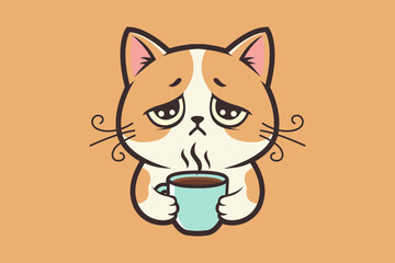 A cartoon cat with a sad expression holds a mug of steaming coffee, looking forlorn.