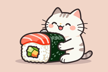 A happy cartoon cat enthusiastically hugging a delicious sushi roll.