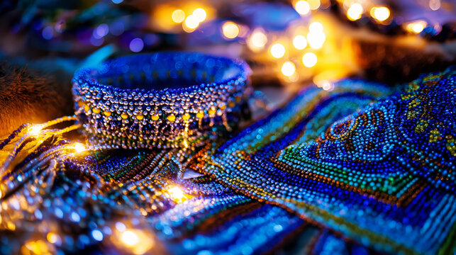 Beadwork Display Poster – Colorful Native American beadwork on garments and accessories, glowing details, Native American Day, empty foreground for text, artistic poster - Powered by Adobe