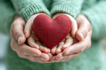 Fototapeta premium Hands Holding Red Heart Shape Symbolizing Love Health and Charity