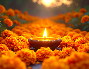 Traditional diya surrounded by fresh marigold flowers in natural daylight during Diwali festival celebration in India