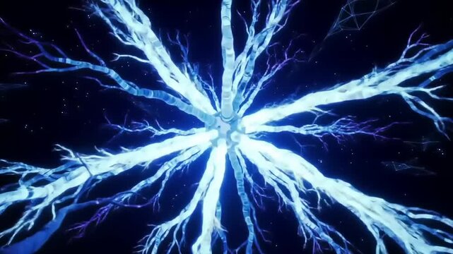 Abstract glowing blue energy pulses radiating from a central point, visualizing a futuristic neural network or digital connection