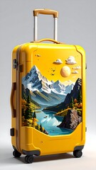 Yellow suitcase with scenic landscape illustration