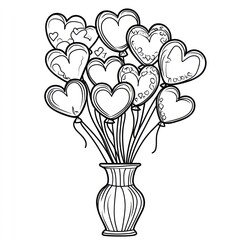 Heart balloons in vase, coloring page, Valentine's day, printable