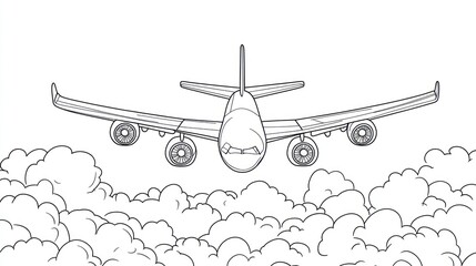 Airplane flying above clouds, black and white line drawing, coloring book