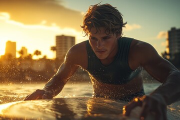 A young man paddles his surfboard in glistening water during a beautiful golden sunset, preparing for waves with a city skyline in the background.