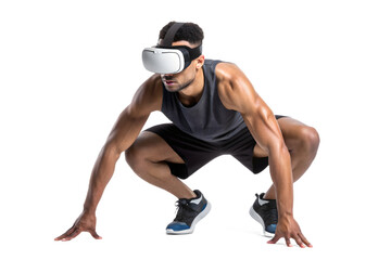 Man in tank top and shorts wearing VR headset in starting position VR headset virtual reality