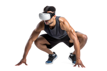 Man in tank top and shorts wearing VR headset in starting position VR headset virtual reality