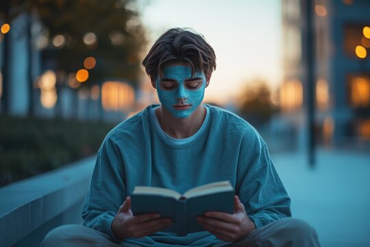 A young person with a soothing blue face mask is serenely reading a book outdoors during twilight, embodying self-care and quiet reflection.