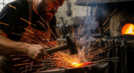 Blacksmith forging metal with hammer and anvil sparks flying in workshop artisan craftsman at work