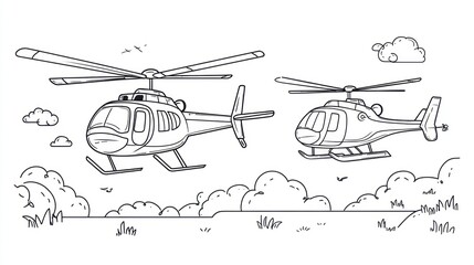 Helicopters fly in the sky with clouds, cartoon illustration, travel transport concept, white background