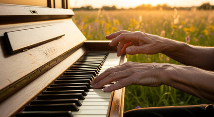 Piano playing in nature field music performance outdoor concert musical instrument pianist musician art 100