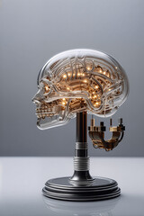 Transparent glass brain with glowing circuits representing artificial general intelligence