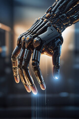 Futuristic robotic hand interacting with digital light, symbol of artificial intelligence technology