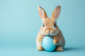 Obraz premium Fluffy Bunny Holding Blue Easter Egg on Light Blue Background, Minimal Studio