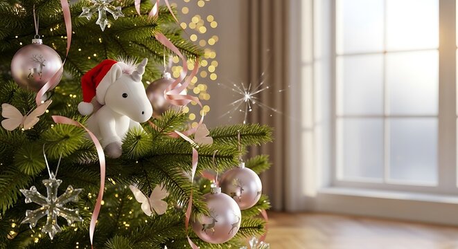 Christmas Tree with Unicorn and Reindeer Ornaments, A Cozy Christmas Scene with Festive Decorations and Soft Lighting