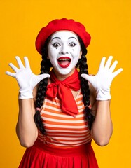 Expressive Mime Artist in Red and White on Yellow Backdrop.
