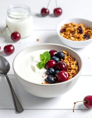 Yogurt bowl with granola, cherries, and blueberries, white table