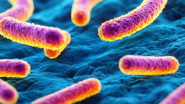 Close-up of tuberculosis microbe under electron microscope with colorful highlights