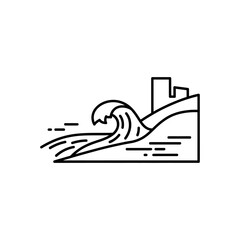Tsunami wave crashing against city buildings, depicting the power of nature and potential destruction in a minimalist style.