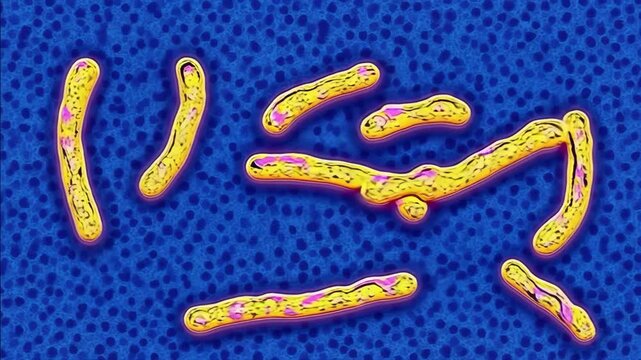 Microscopic tuberculosis bacteria with glowing yellow and purple cell structures