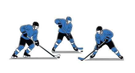 Obraz premium Three ice hockey players in blue jerseys demonstrating various puck handling and stick positions on the ice, illustrating different game actions.