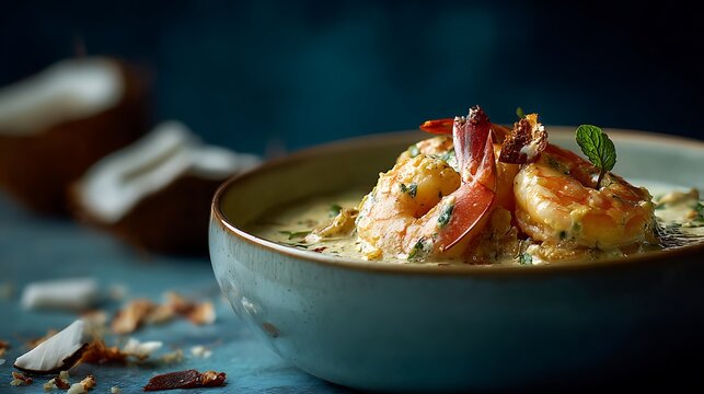 Chingri Malai Curry isolated in a light bowl, prawns cooked in creamy coconut sauce