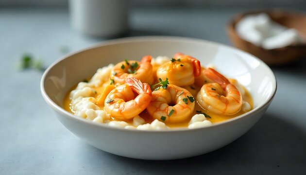 Chingri Malai Curry isolated in a light bowl, prawns cooked in creamy coconut sauce
