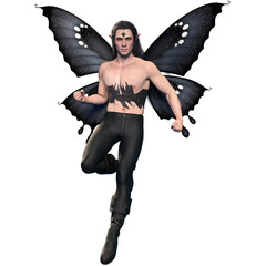 3D rendered male fantasy character as a dark butterfly isolated on transparent background