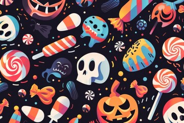 Naklejka premium Colorful Halloween Candy Vector Pattern on Dark Background