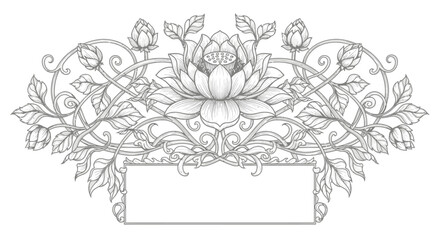 Intricate floral design featuring a central lotus flower, buds, and ornate leaves, with a blank rectangle.