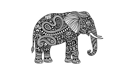 Ornate elephant illustration with intricate floral and paisley patterns covering its body, presented in black and white.