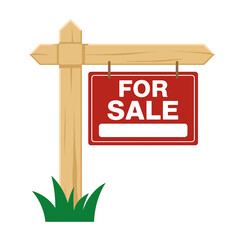 Real Estate For Sale Sign Illustration with Wooden Post and Green Grass at the Base Ready for New Homeowners