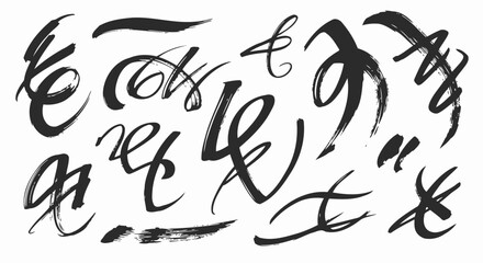 Fototapeta premium Collection of brush stroke illustrations, featuring abstract shapes, swirls, and lines in black ink on a white background.