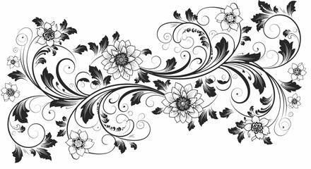 Elegant black and white floral design with swirling leaves and blossoms.