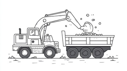 Excavator loading truck, construction site, simple line art