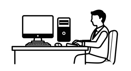 A person sits at a desk, working on a computer, with a monitor, keyboard, and mouse.