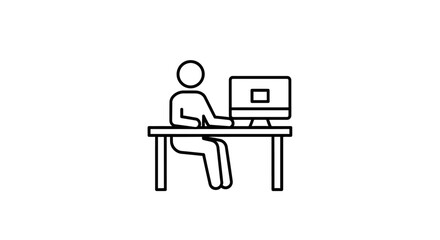 A stick figure sits at a desk, working on a computer. The scene is depicted in a simple, line art style.